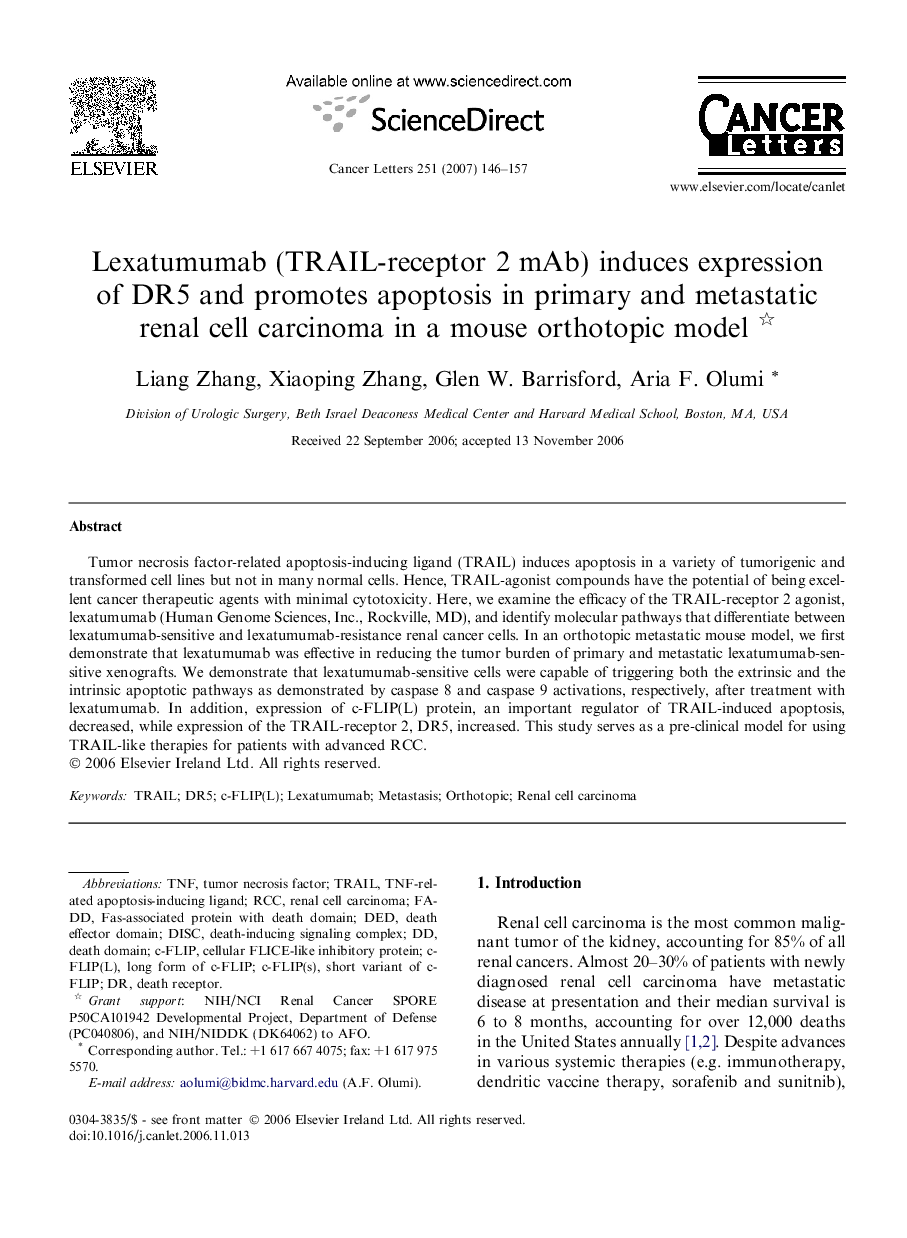 Lexatumumab (TRAIL-receptor 2 mAb) induces expression of DR5 and promotes apoptosis in primary and metastatic renal cell carcinoma in a mouse orthotopic model 