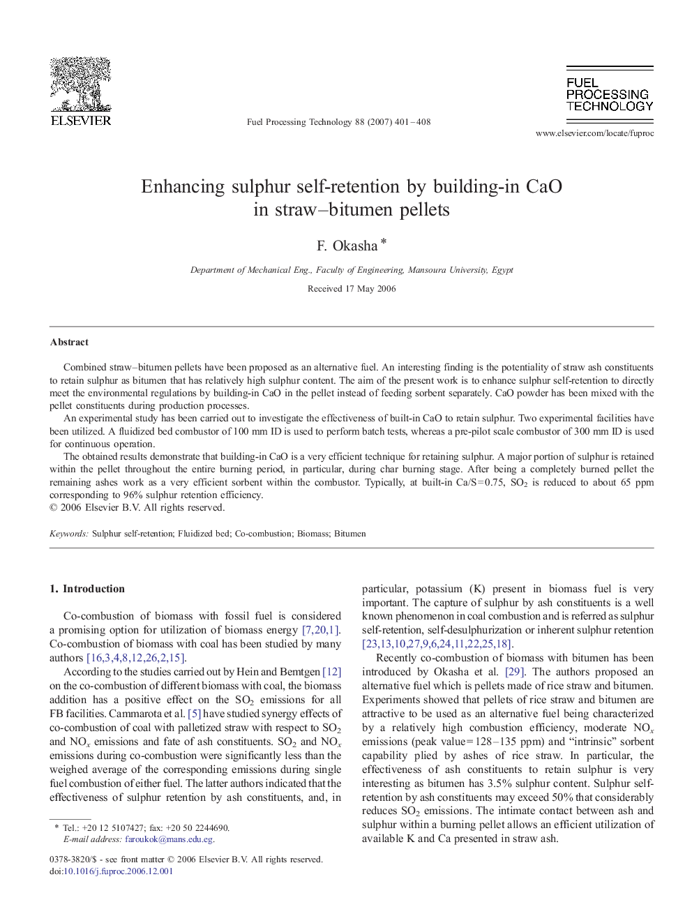 Enhancing sulphur self-retention by building-in CaO in straw–bitumen pellets