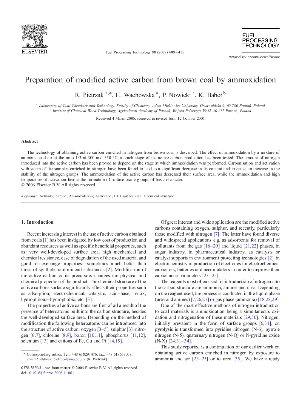 Preparation of modified active carbon from brown coal by ammoxidation