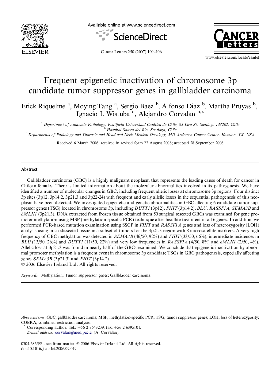 Frequent epigenetic inactivation of chromosome 3p candidate tumor suppressor genes in gallbladder carcinoma
