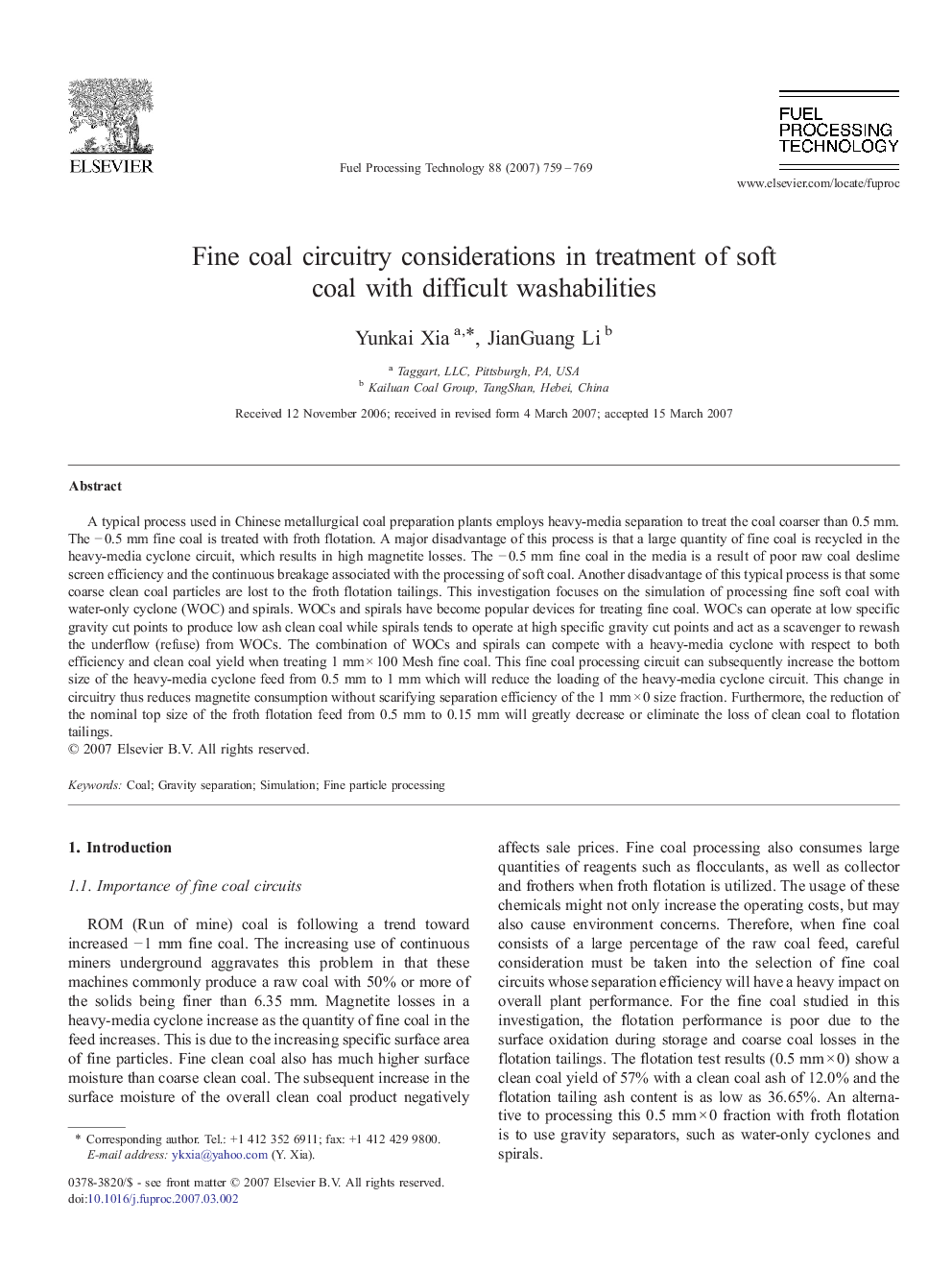 Fine coal circuitry considerations in treatment of soft coal with difficult washabilities