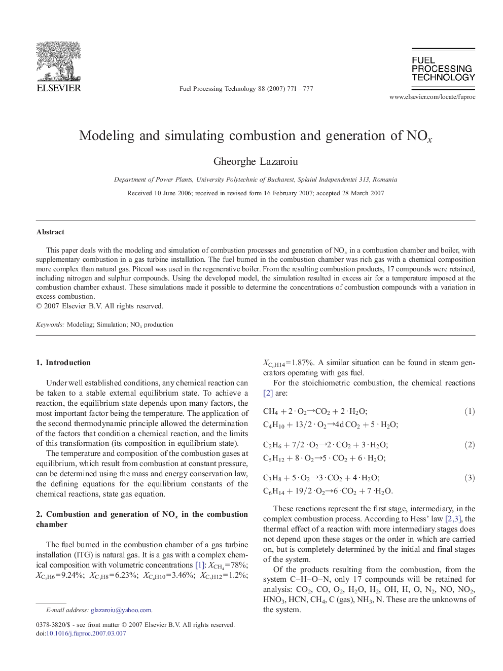 Modeling and simulating combustion and generation of NOx