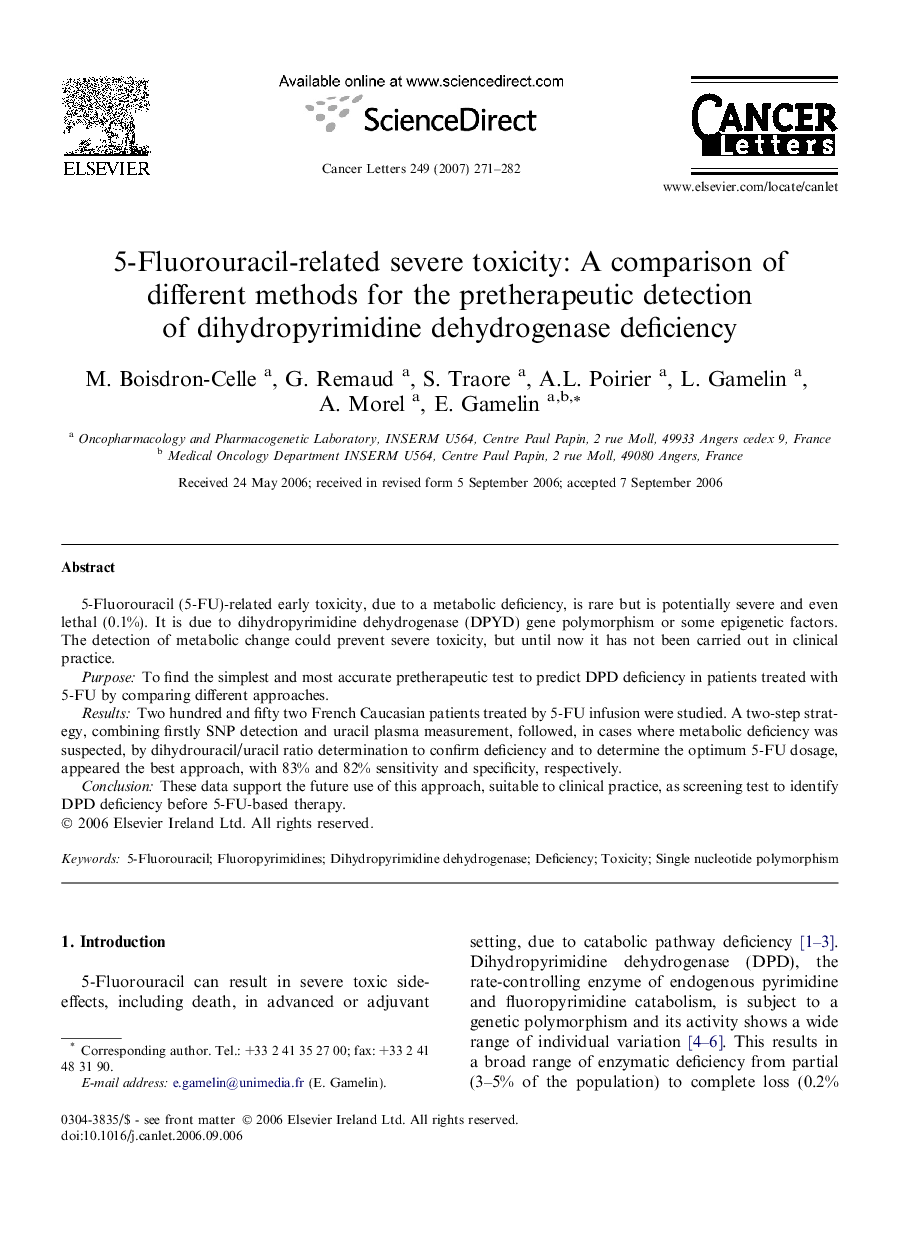 5-Fluorouracil-related severe toxicity: A comparison of different methods for the pretherapeutic detection of dihydropyrimidine dehydrogenase deficiency