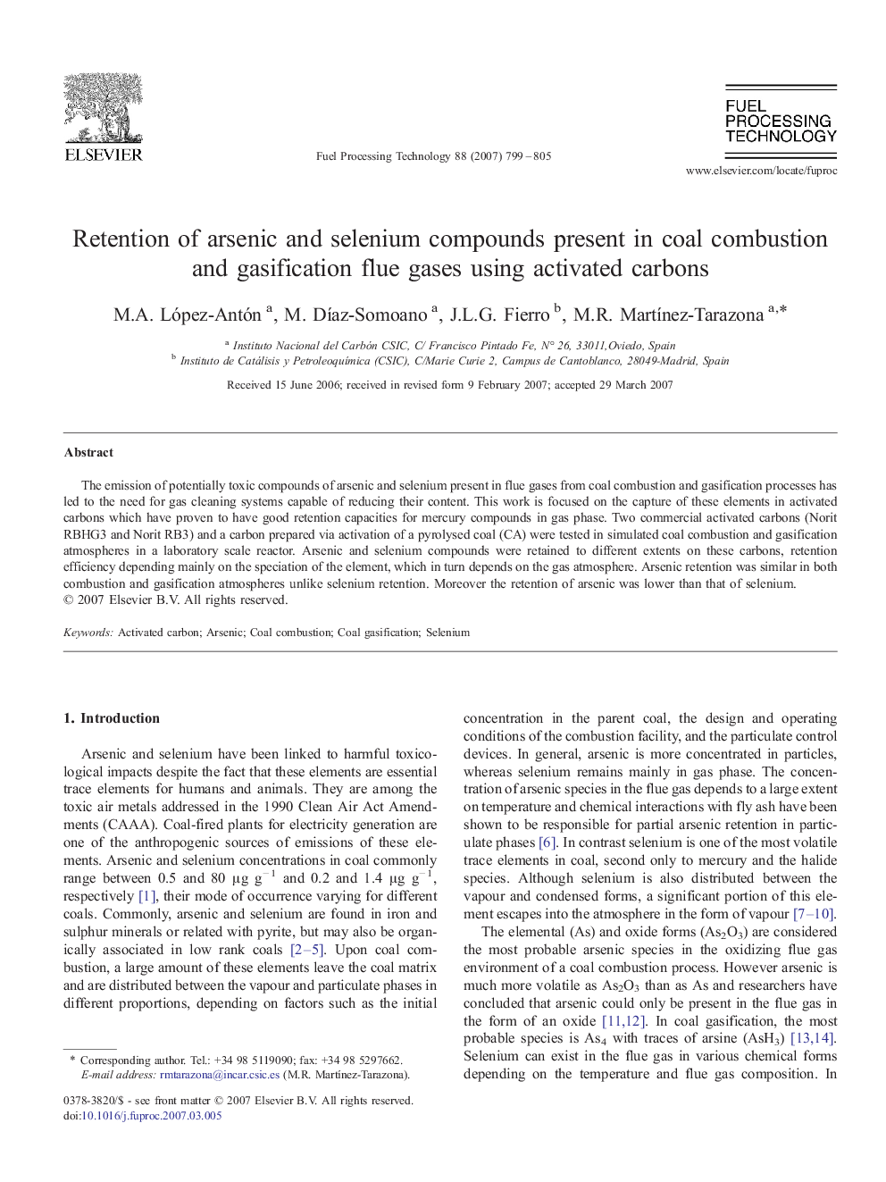 Retention of arsenic and selenium compounds present in coal combustion and gasification flue gases using activated carbons