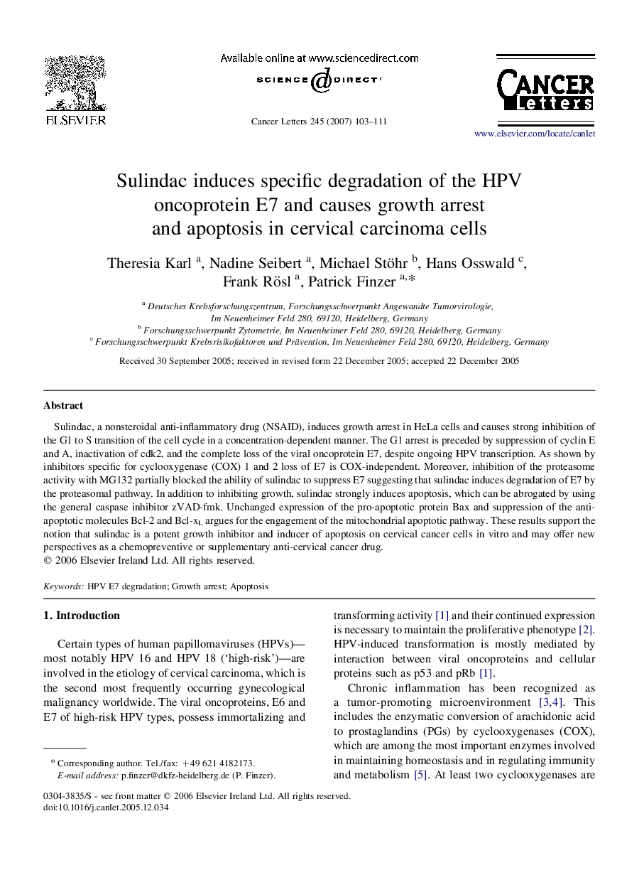 Sulindac induces specific degradation of the HPV oncoprotein E7 and causes growth arrest and apoptosis in cervical carcinoma cells