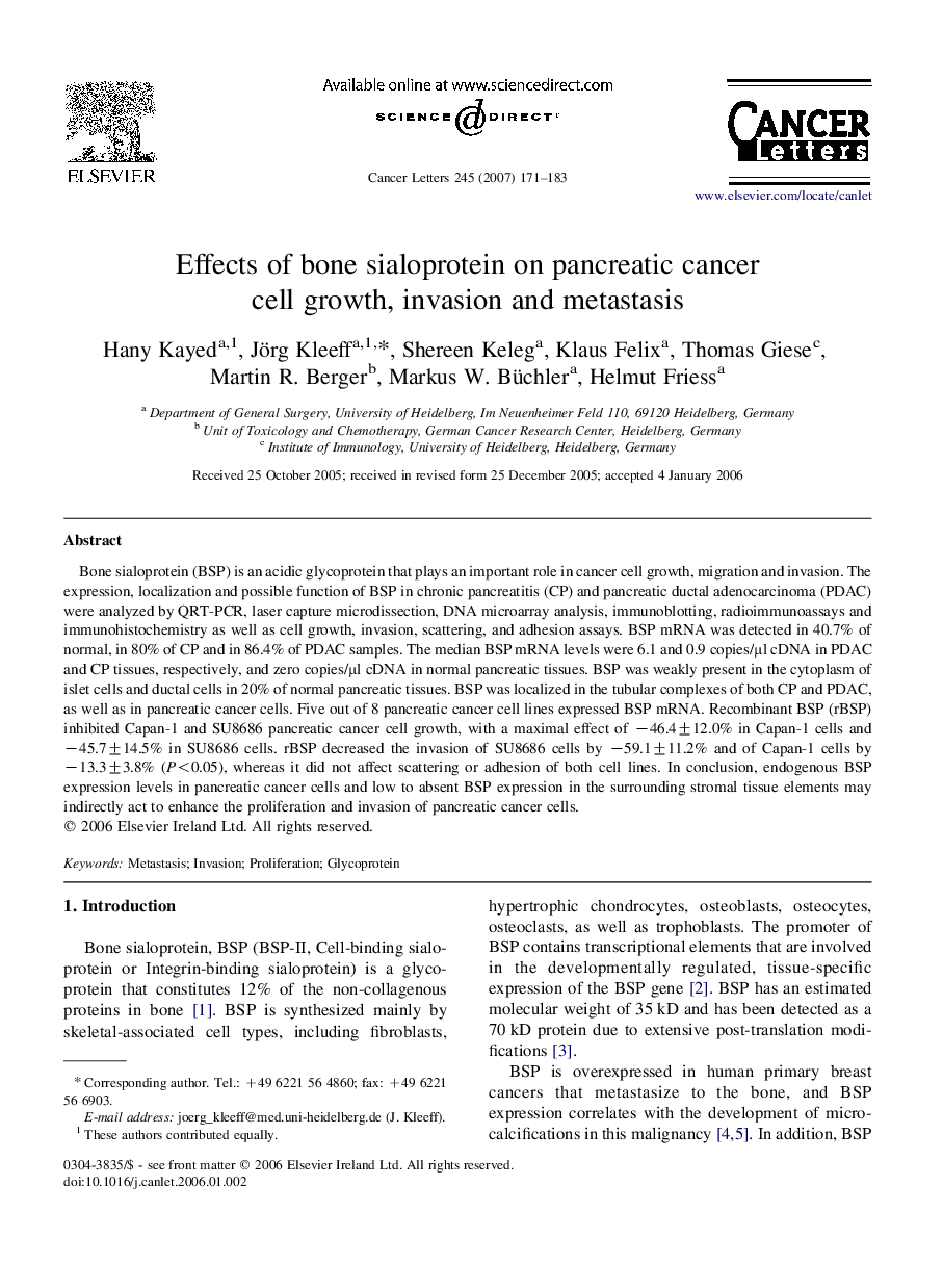 Effects of bone sialoprotein on pancreatic cancer cell growth, invasion and metastasis