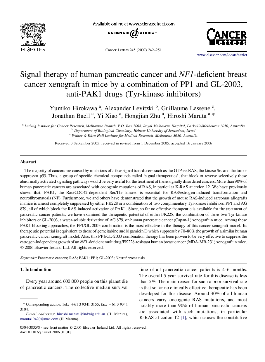 Signal therapy of human pancreatic cancer and NF1-deficient breast cancer xenograft in mice by a combination of PP1 and GL-2003, anti-PAK1 drugs (Tyr-kinase inhibitors)