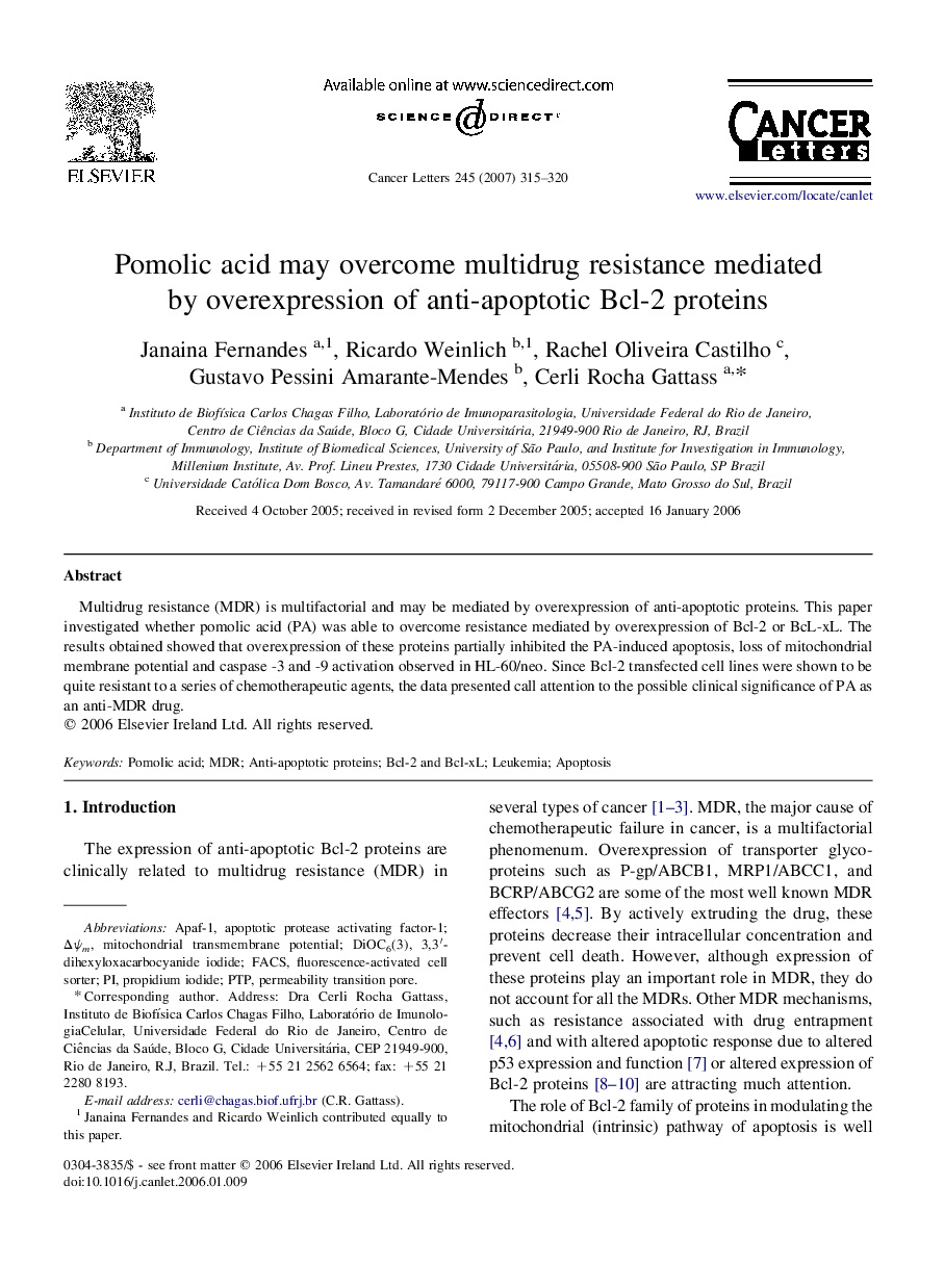 Pomolic acid may overcome multidrug resistance mediated by overexpression of anti-apoptotic Bcl-2 proteins