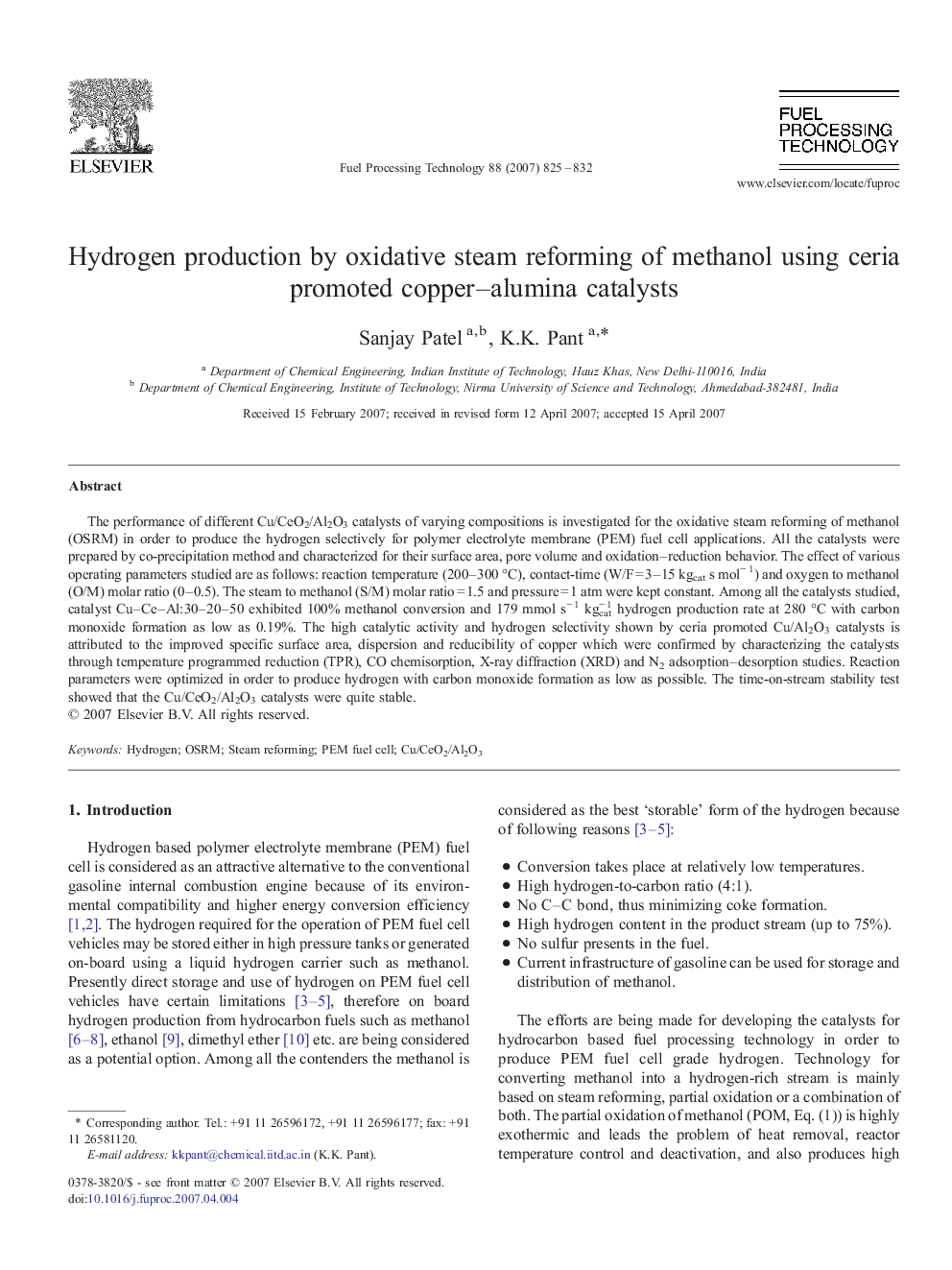 Hydrogen production by oxidative steam reforming of methanol using ceria promoted copper–alumina catalysts