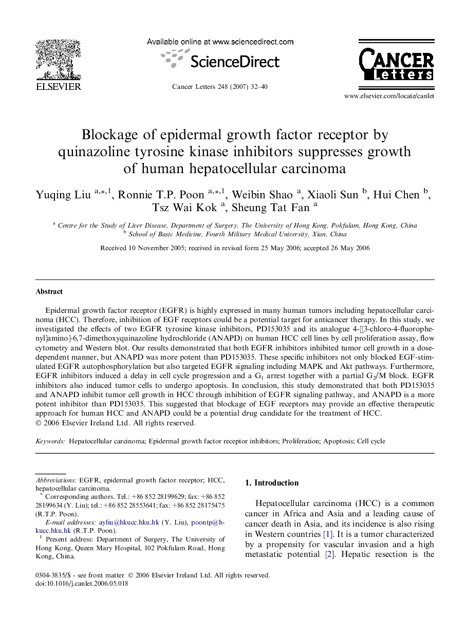 Blockage of epidermal growth factor receptor by quinazoline tyrosine kinase inhibitors suppresses growth of human hepatocellular carcinoma