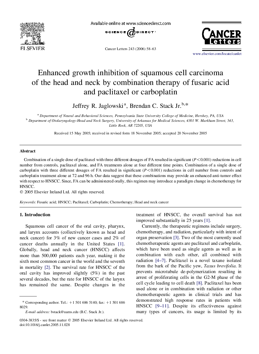 Enhanced growth inhibition of squamous cell carcinoma of the head and neck by combination therapy of fusaric acid and paclitaxel or carboplatin