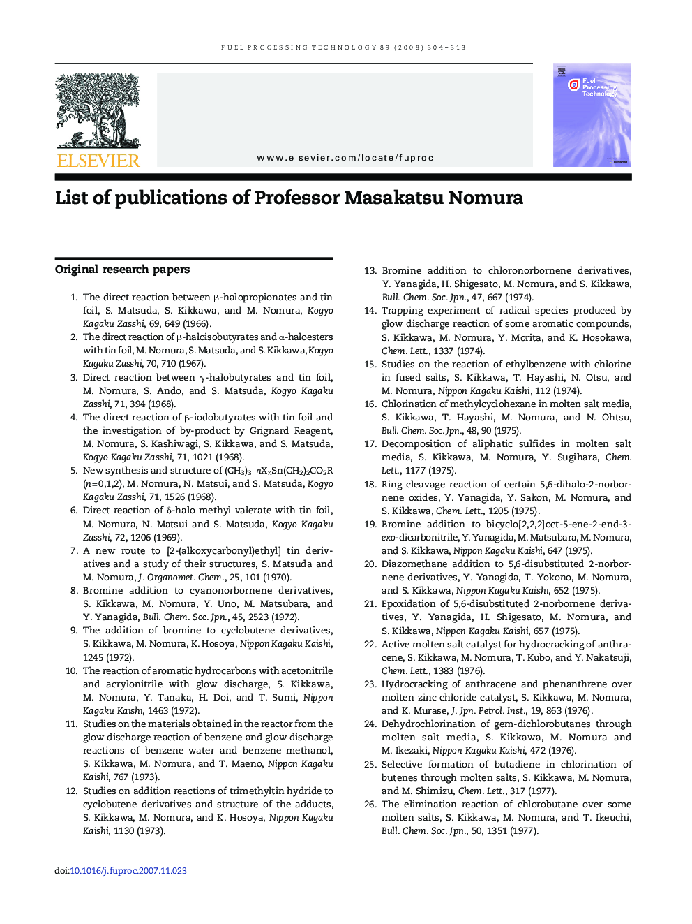 List of publications of Professor Masakatsu Nomura