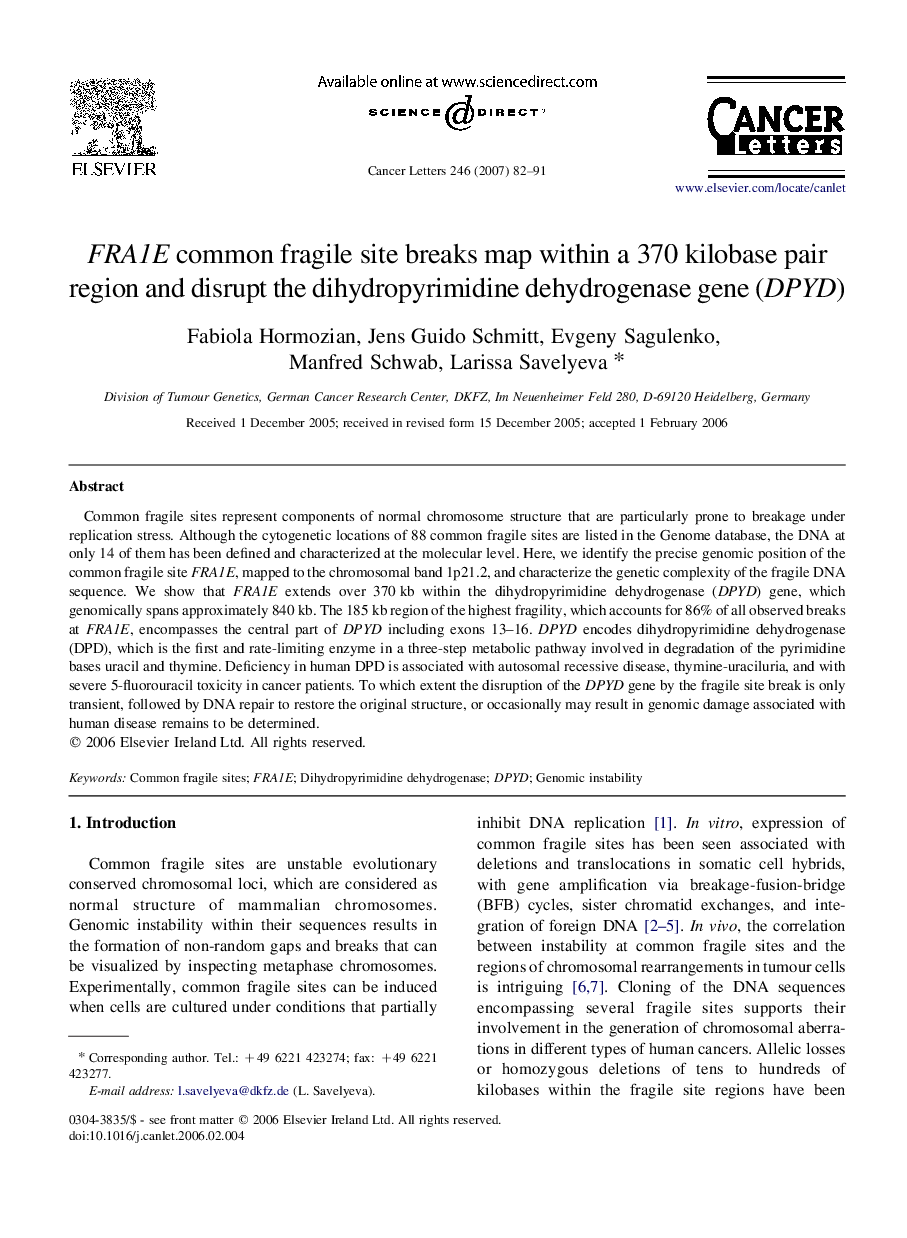 FRA1E common fragile site breaks map within a 370 kilobase pair region and disrupt the dihydropyrimidine dehydrogenase gene (DPYD)