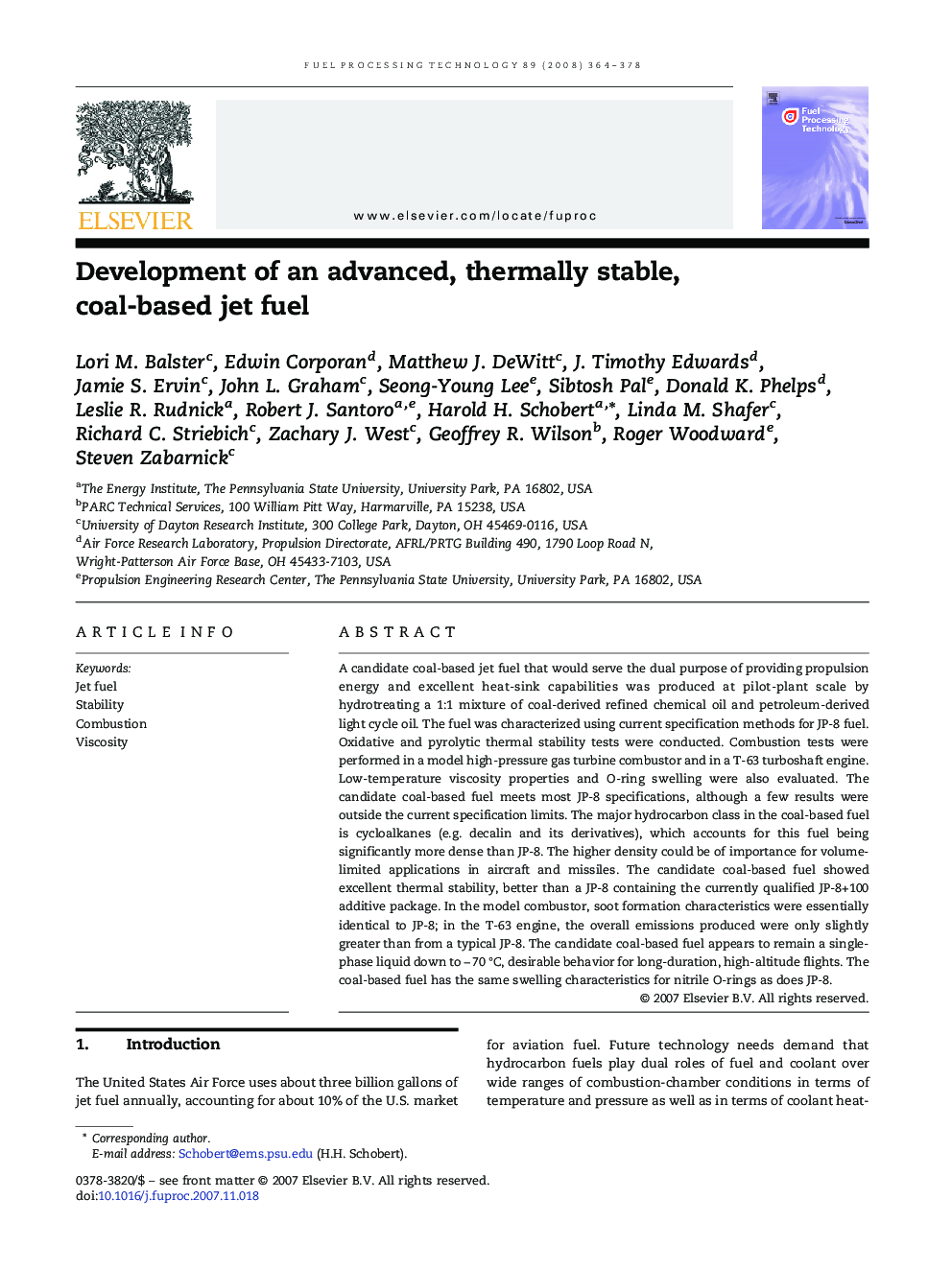 Development of an advanced, thermally stable, coal-based jet fuel