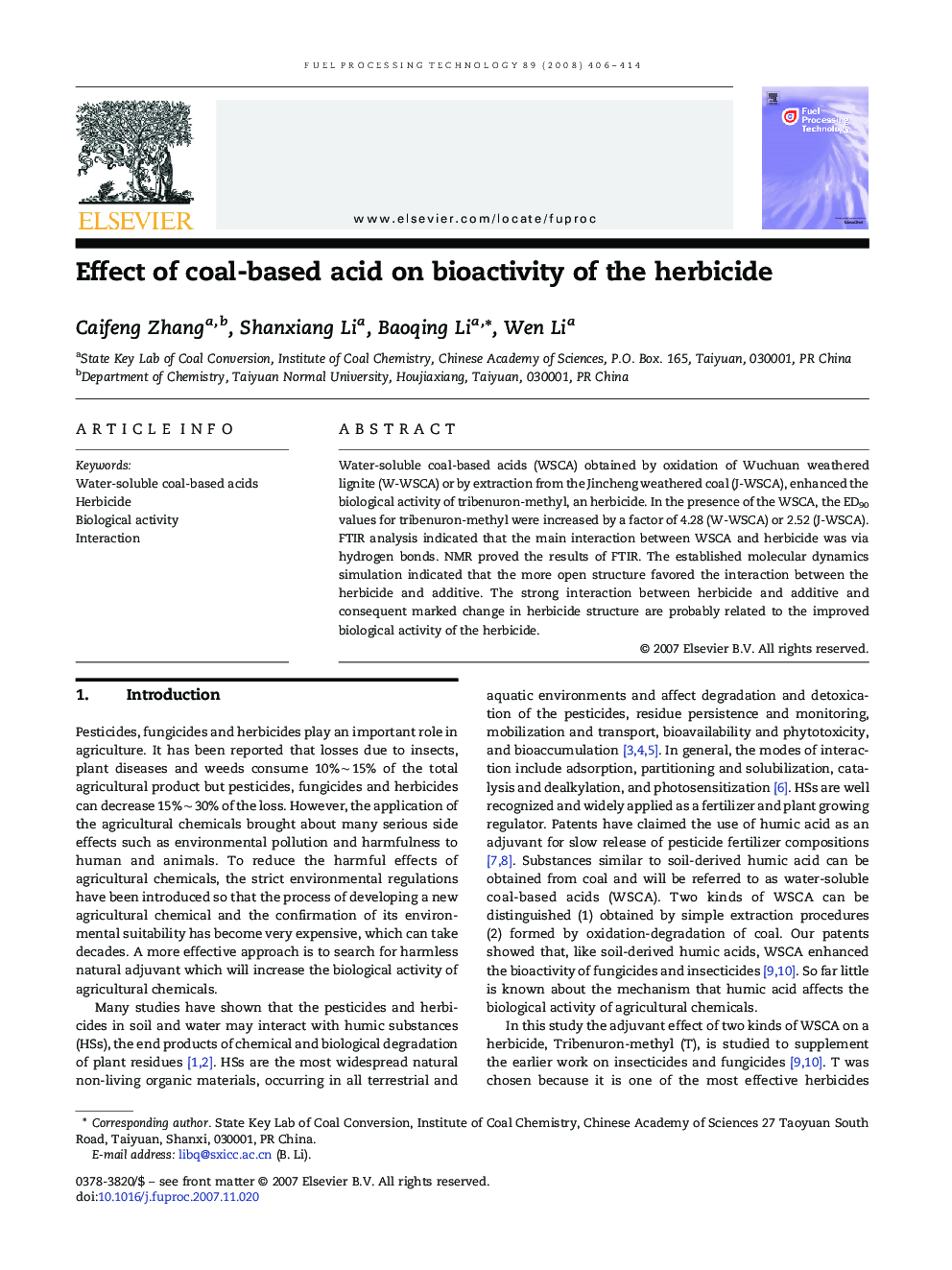 Effect of coal-based acid on bioactivity of the herbicide