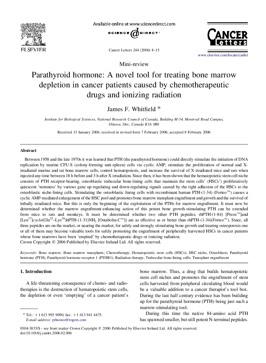 Parathyroid hormone: A novel tool for treating bone marrow depletion in cancer patients caused by chemotherapeutic drugs and ionizing radiation