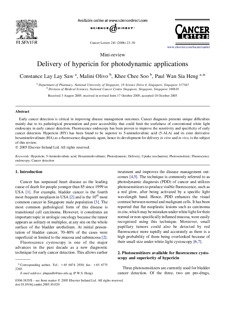 Delivery of hypericin for photodynamic applications