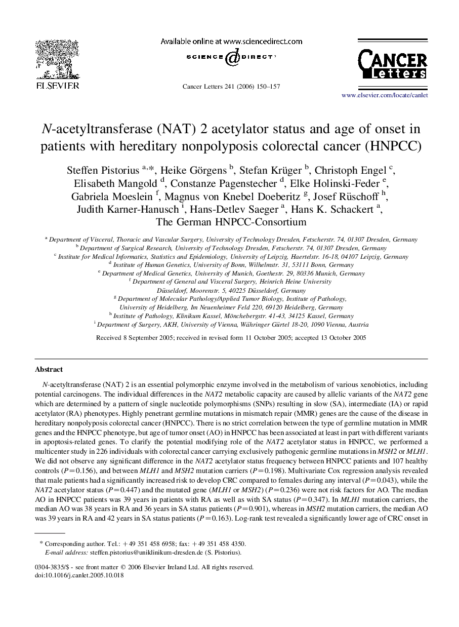 N-acetyltransferase (NAT) 2 acetylator status and age of onset in patients with hereditary nonpolyposis colorectal cancer (HNPCC)