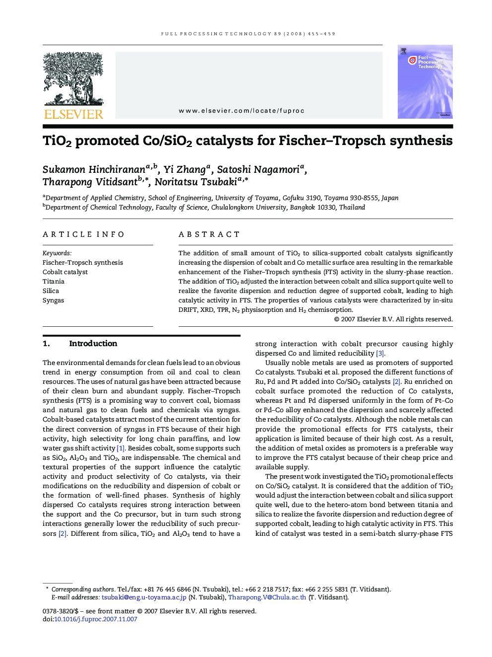 TiO2 promoted Co/SiO2 catalysts for Fischer–Tropsch synthesis