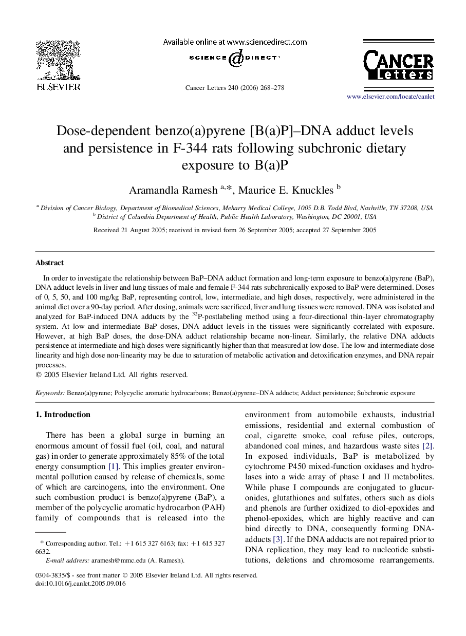 Dose-dependent benzo(a)pyrene [B(a)P]–DNA adduct levels and persistence in F-344 rats following subchronic dietary exposure to B(a)P