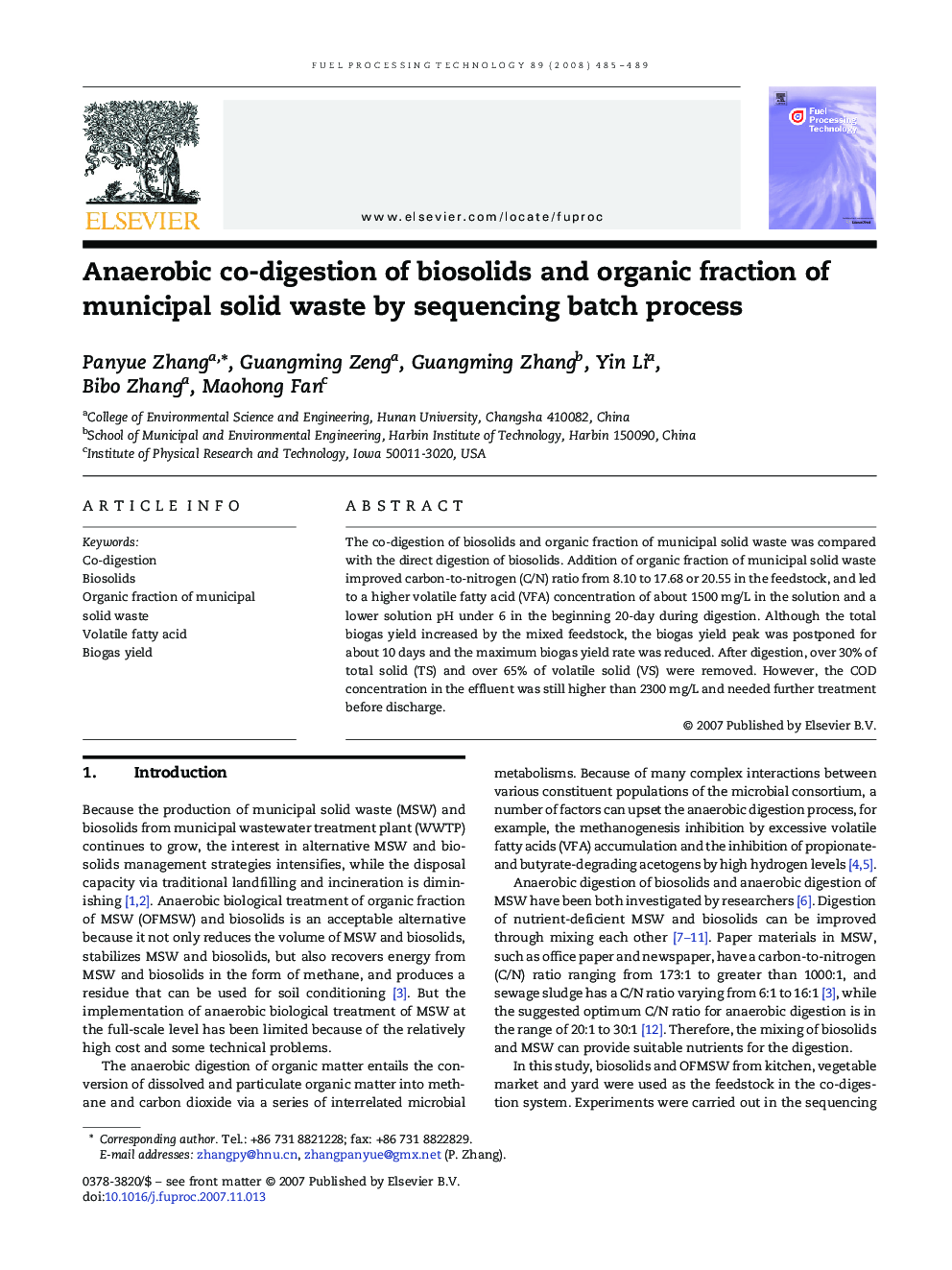 Anaerobic co-digestion of biosolids and organic fraction of municipal solid waste by sequencing batch process