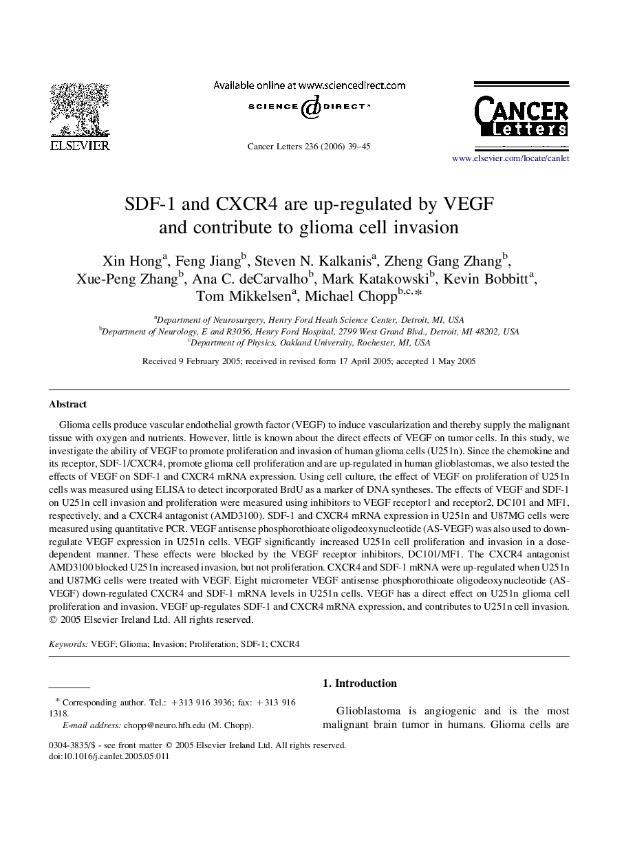 SDF-1 and CXCR4 are up-regulated by VEGF and contribute to glioma cell invasion