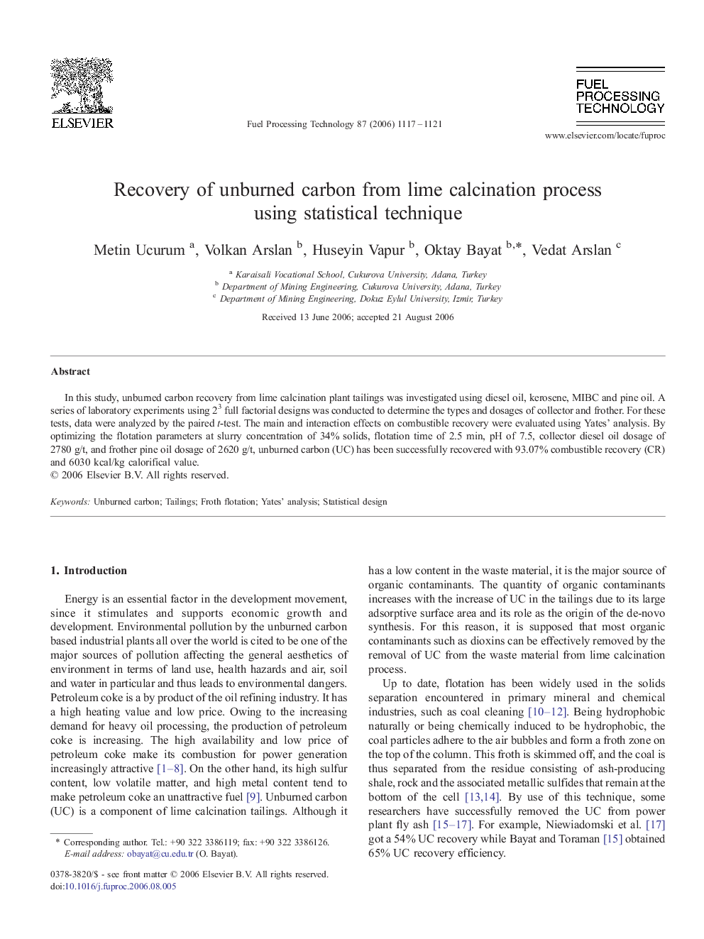 Recovery of unburned carbon from lime calcination process using statistical technique