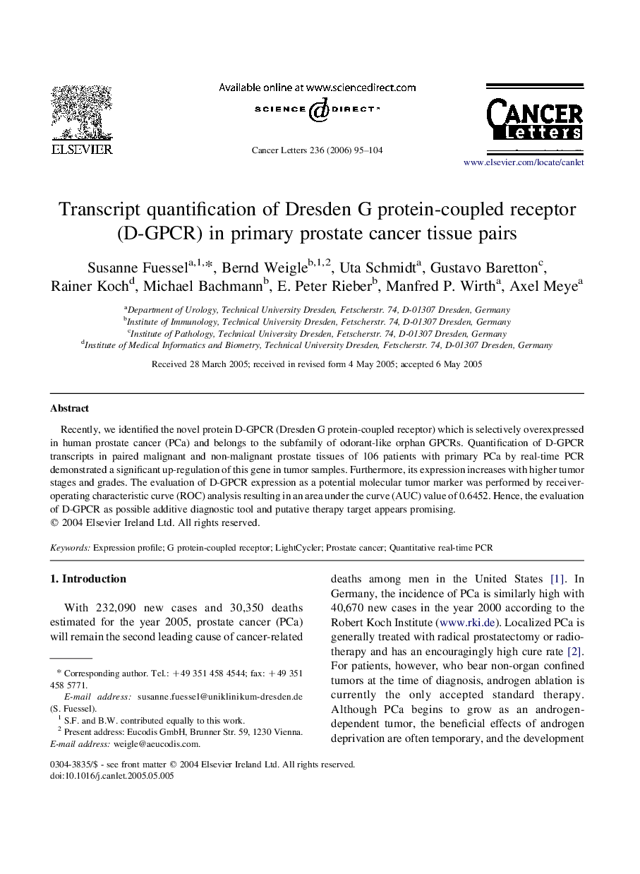 Transcript quantification of Dresden G protein-coupled receptor (D-GPCR) in primary prostate cancer tissue pairs