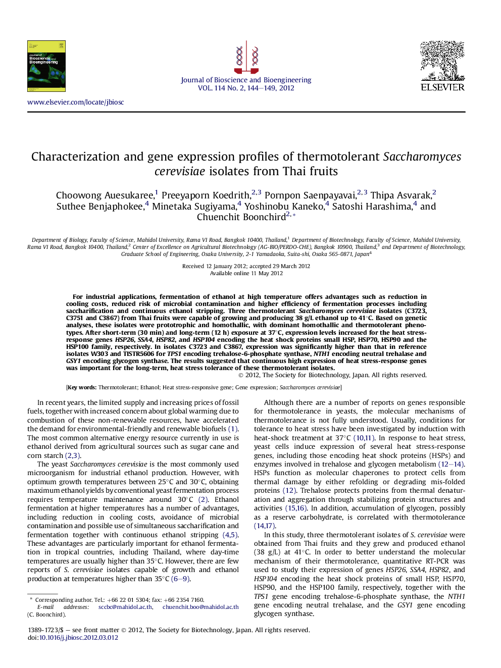 Characterization and gene expression profiles of thermotolerant Saccharomyces cerevisiae isolates from Thai fruits