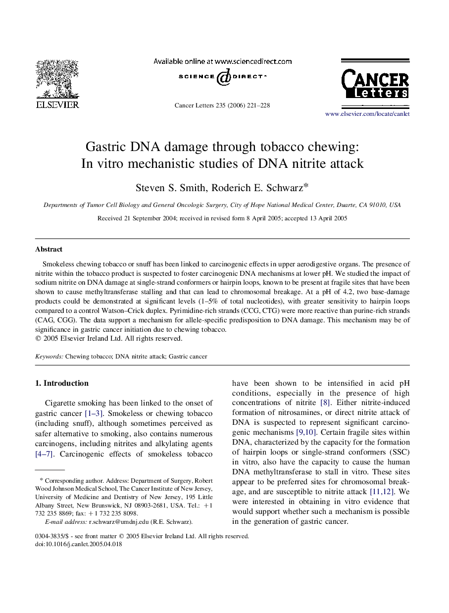 Gastric DNA damage through tobacco chewing: In vitro mechanistic studies of DNA nitrite attack