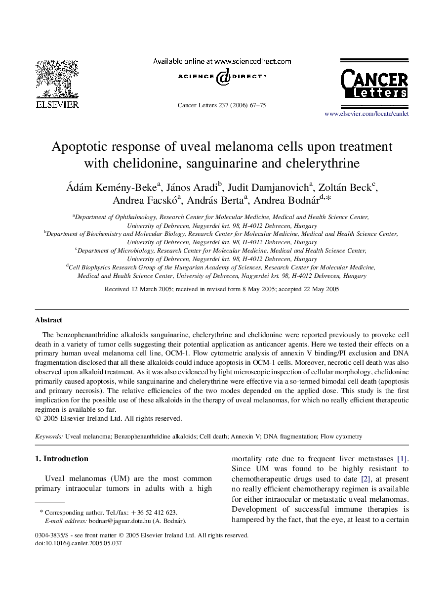 Apoptotic response of uveal melanoma cells upon treatment with chelidonine, sanguinarine and chelerythrine