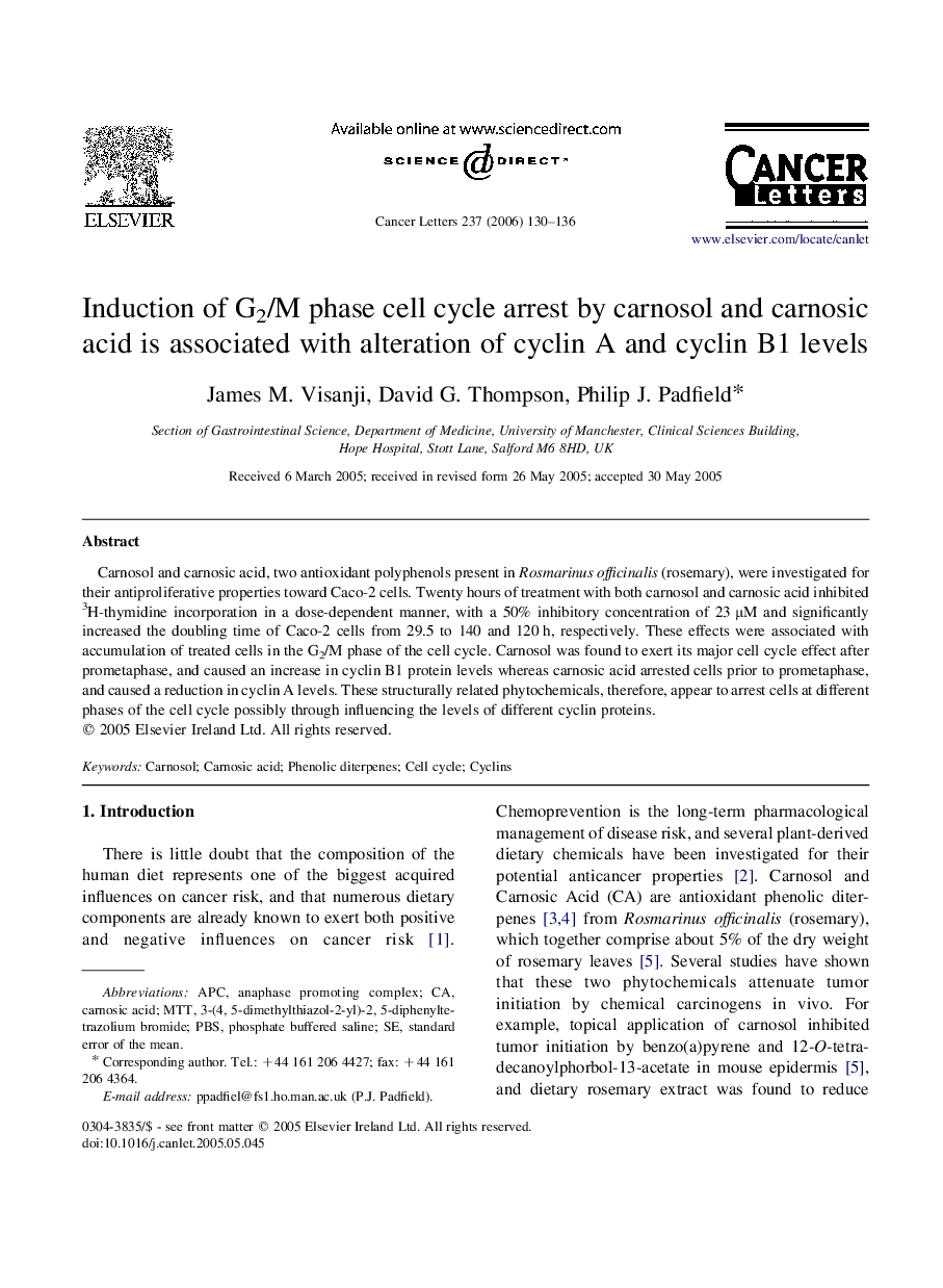 Induction of G2/M phase cell cycle arrest by carnosol and carnosic acid is associated with alteration of cyclin A and cyclin B1 levels