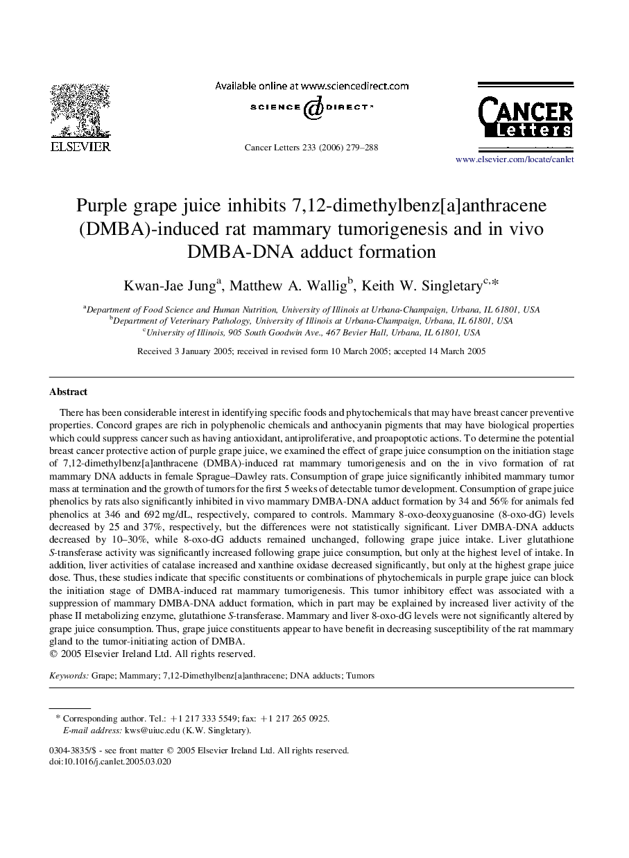 Purple grape juice inhibits 7,12-dimethylbenz[a]anthracene (DMBA)-induced rat mammary tumorigenesis and in vivo DMBA-DNA adduct formation