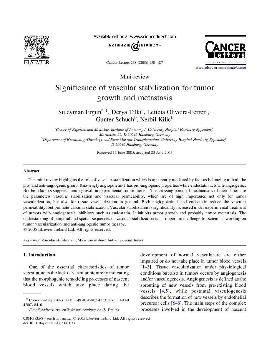 Significance of vascular stabilization for tumor growth and metastasis
