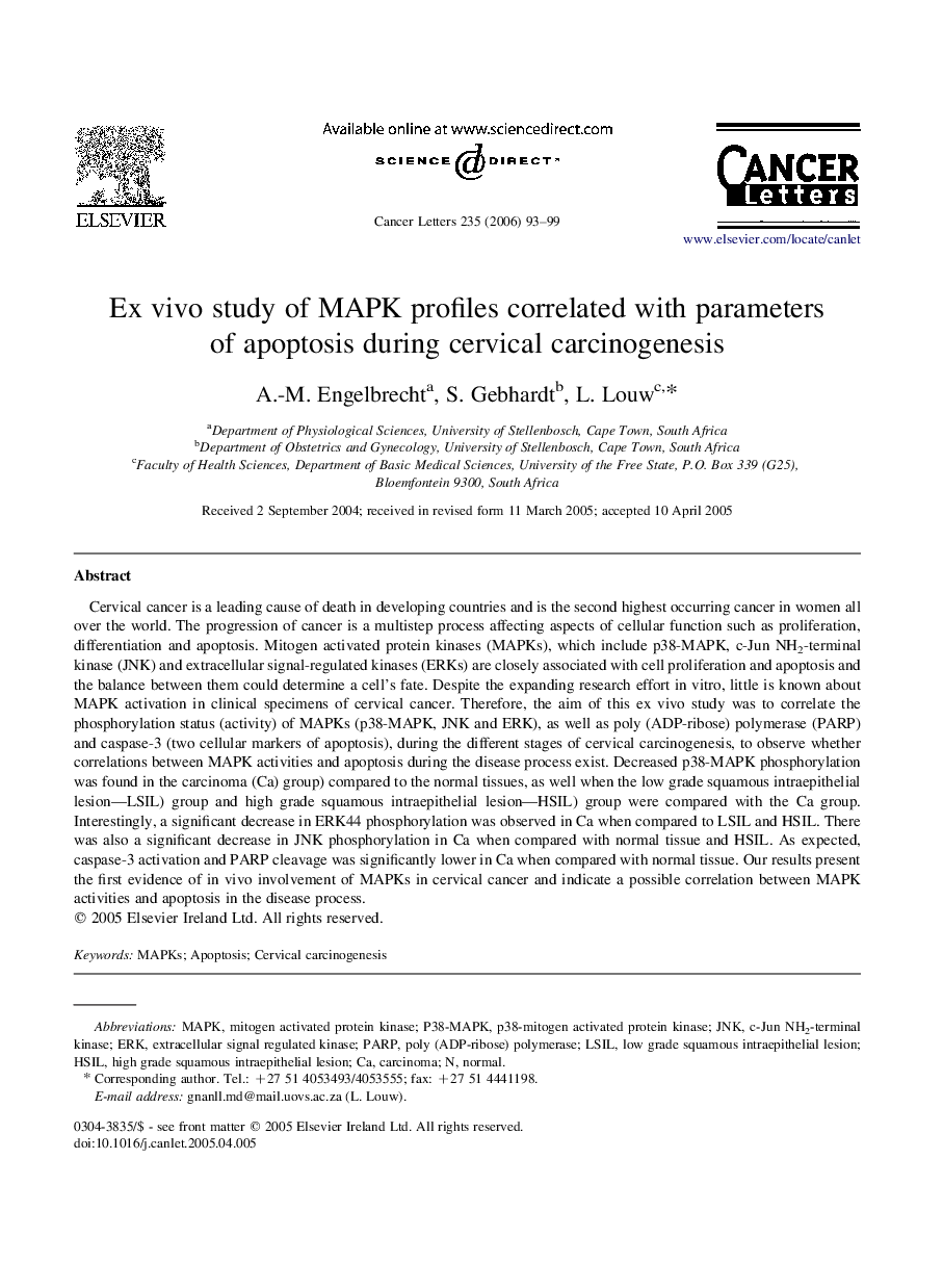 Ex vivo study of MAPK profiles correlated with parameters of apoptosis during cervical carcinogenesis