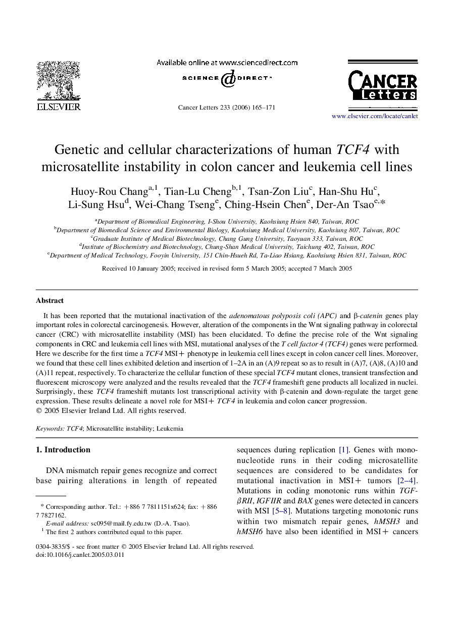 Genetic and cellular characterizations of human TCF4 with microsatellite instability in colon cancer and leukemia cell lines