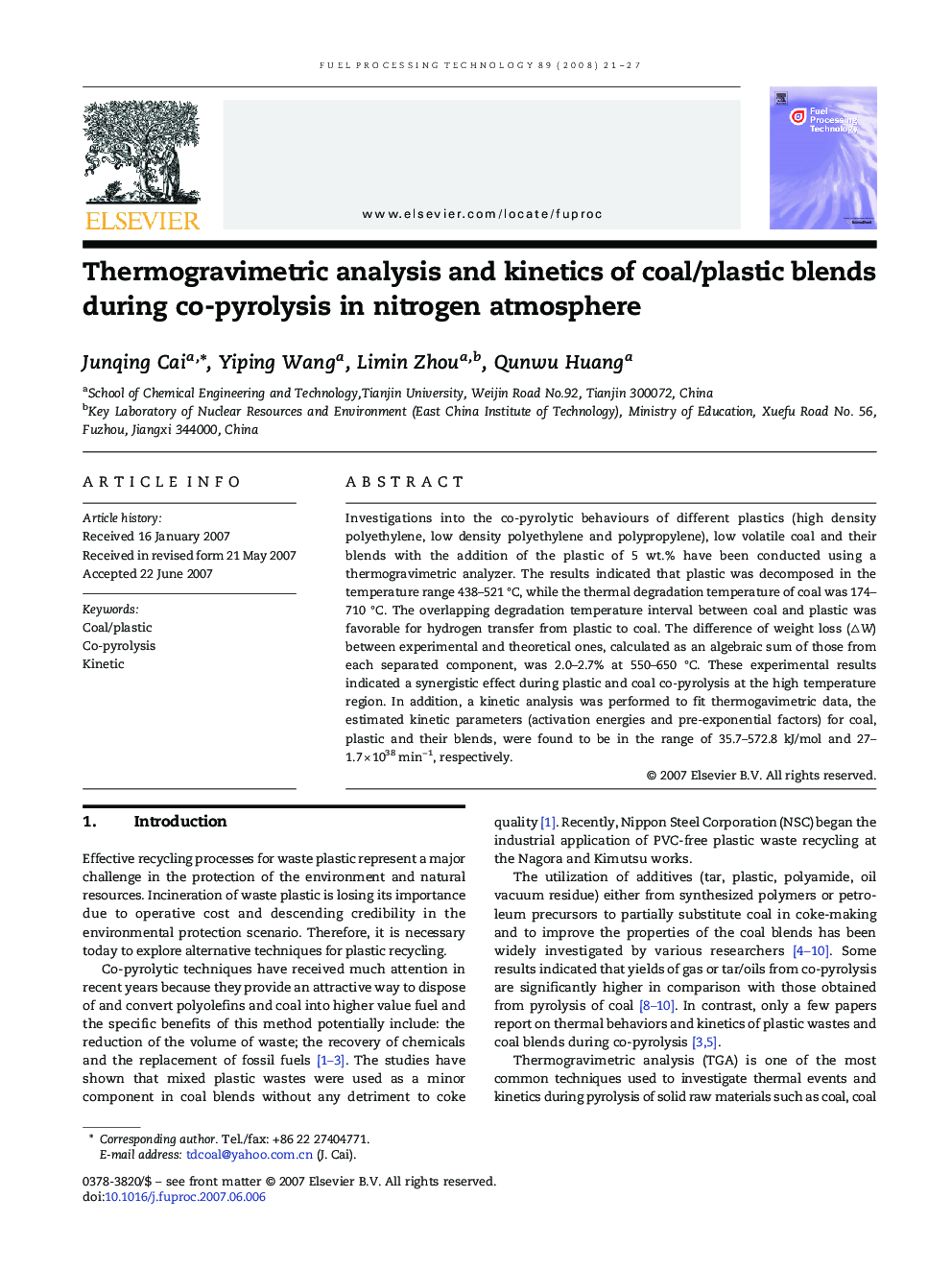 Thermogravimetric analysis and kinetics of coal/plastic blends during co-pyrolysis in nitrogen atmosphere