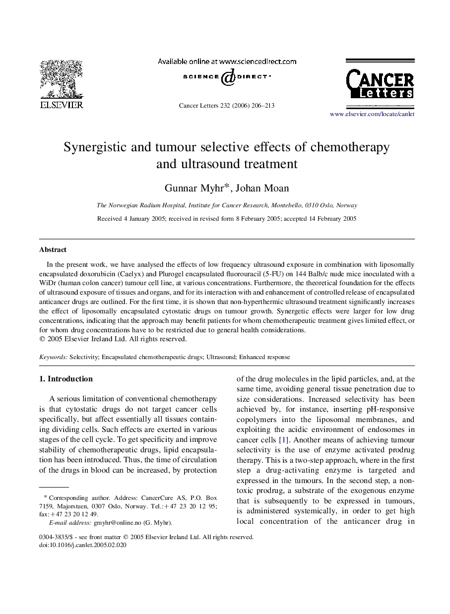 Synergistic and tumour selective effects of chemotherapy and ultrasound treatment