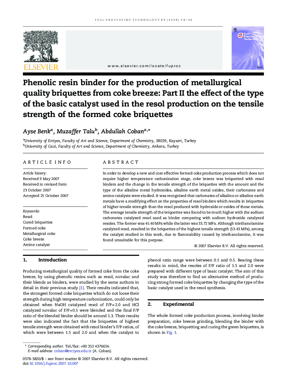 Phenolic resin binder for the production of metallurgical quality briquettes from coke breeze: Part II the effect of the type of the basic catalyst used in the resol production on the tensile strength of the formed coke briquettes