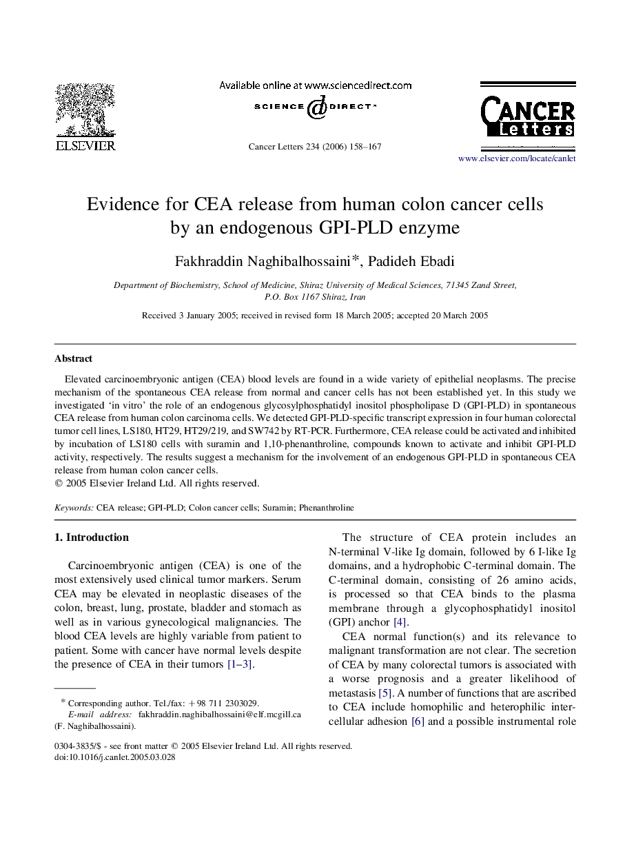 Evidence for CEA release from human colon cancer cells by an endogenous GPI-PLD enzyme