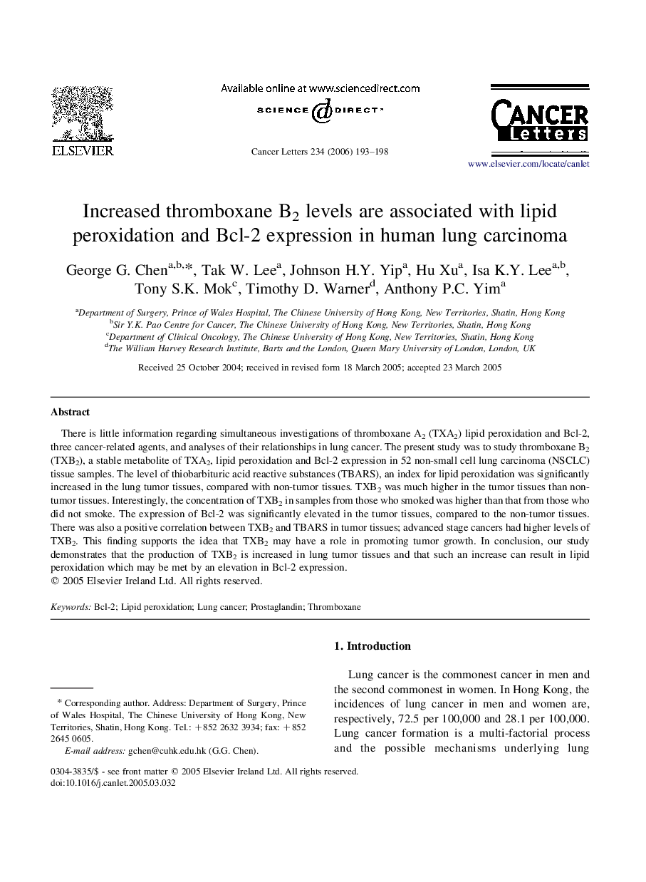 Increased thromboxane B2 levels are associated with lipid peroxidation and Bcl-2 expression in human lung carcinoma