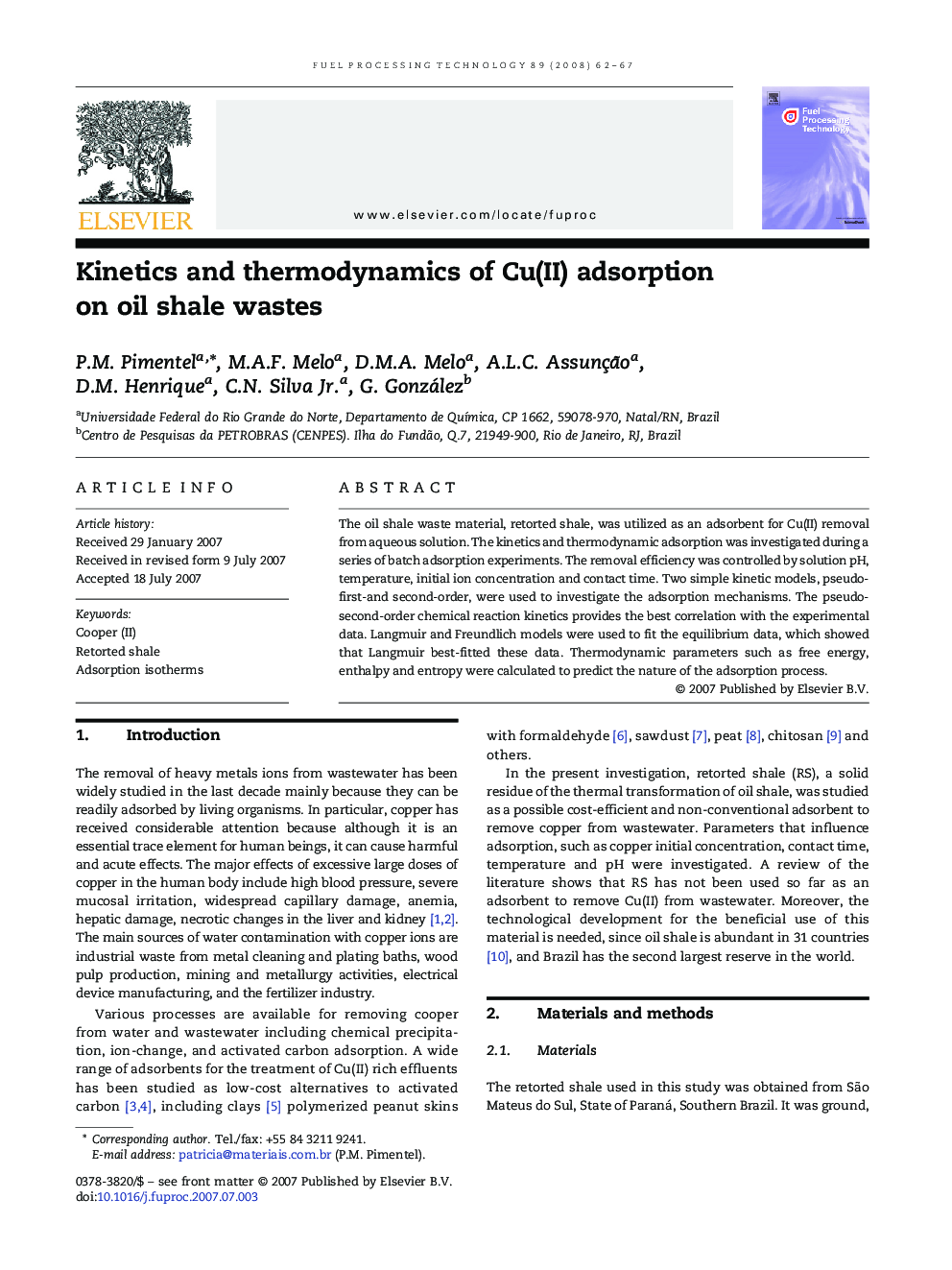 Kinetics and thermodynamics of Cu(II) adsorption on oil shale wastes