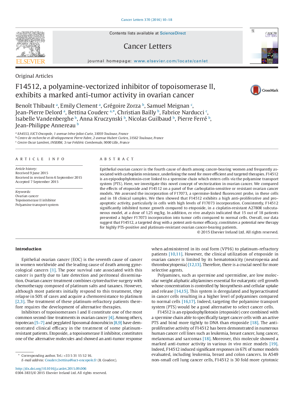 F14512, a polyamine-vectorized inhibitor of topoisomerase II, exhibits a marked anti-tumor activity in ovarian cancer