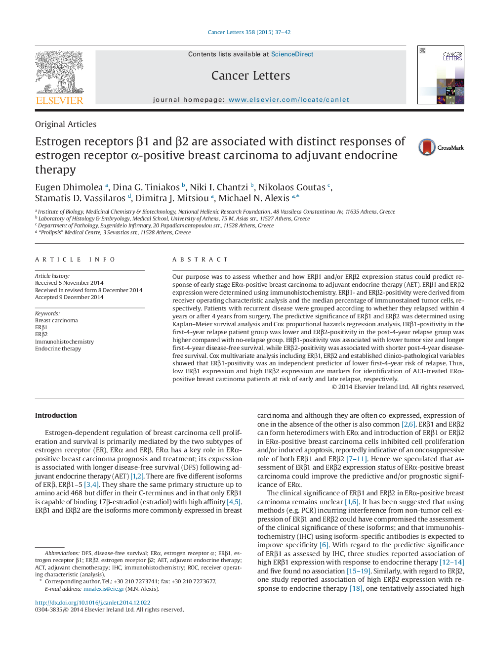 Estrogen receptors β1 and β2 are associated with distinct responses of estrogen receptor α-positive breast carcinoma to adjuvant endocrine therapy