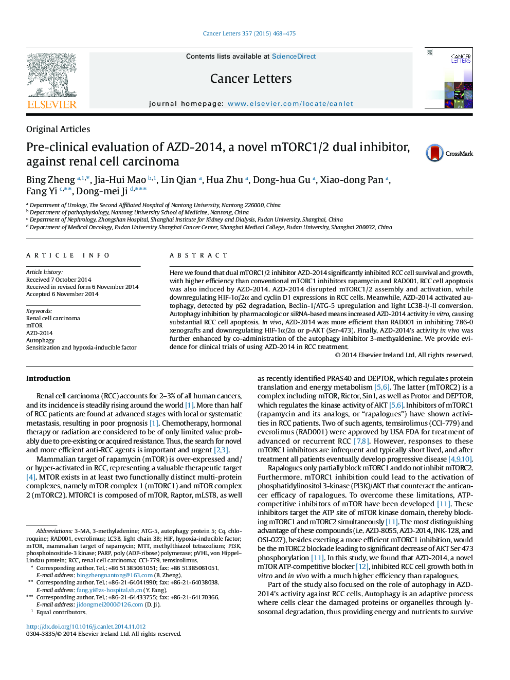 Pre-clinical evaluation of AZD-2014, a novel mTORC1/2 dual inhibitor, against renal cell carcinoma