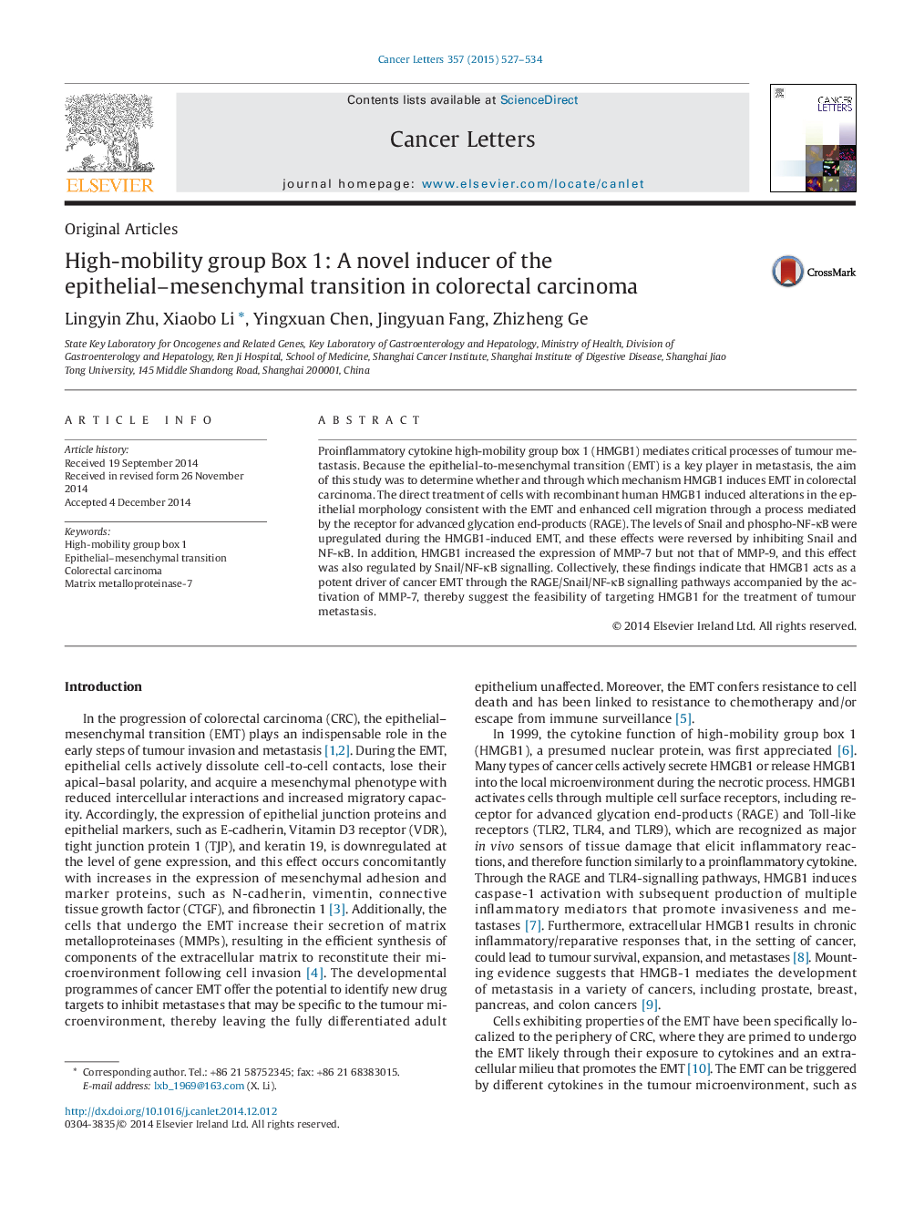 High-mobility group Box 1: A novel inducer of the epithelial–mesenchymal transition in colorectal carcinoma