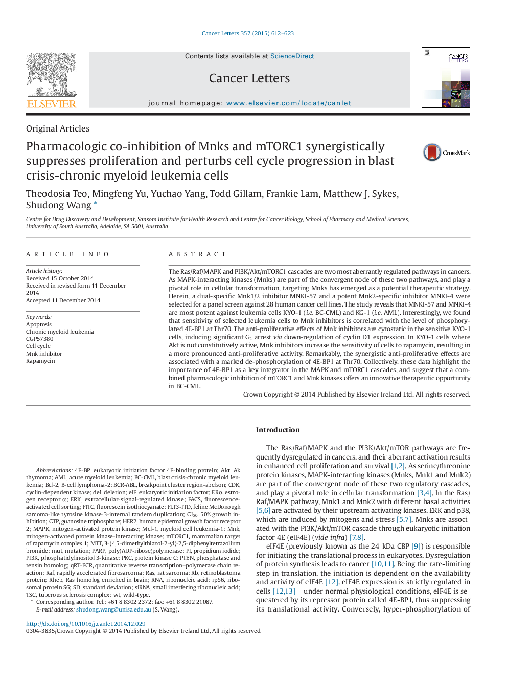 Pharmacologic co-inhibition of Mnks and mTORC1 synergistically suppresses proliferation and perturbs cell cycle progression in blast crisis-chronic myeloid leukemia cells