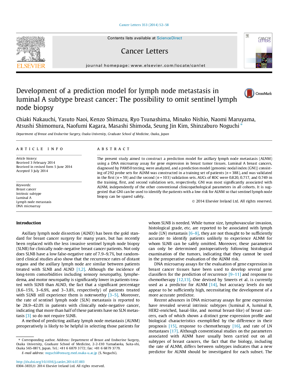 Development of a prediction model for lymph node metastasis in luminal A subtype breast cancer: The possibility to omit sentinel lymph node biopsy