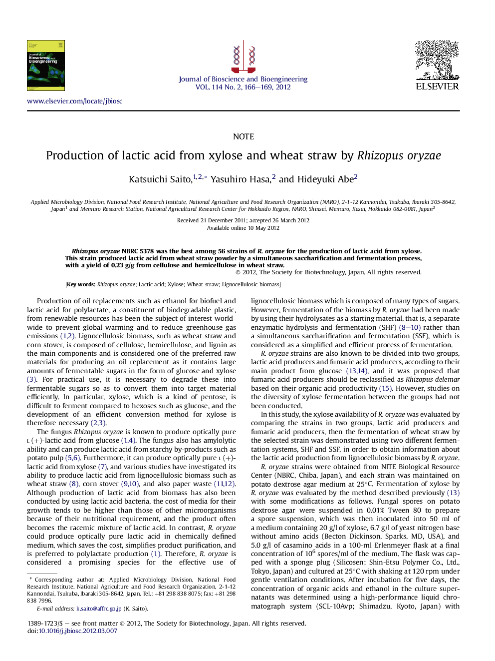 Production of lactic acid from xylose and wheat straw by Rhizopus oryzae