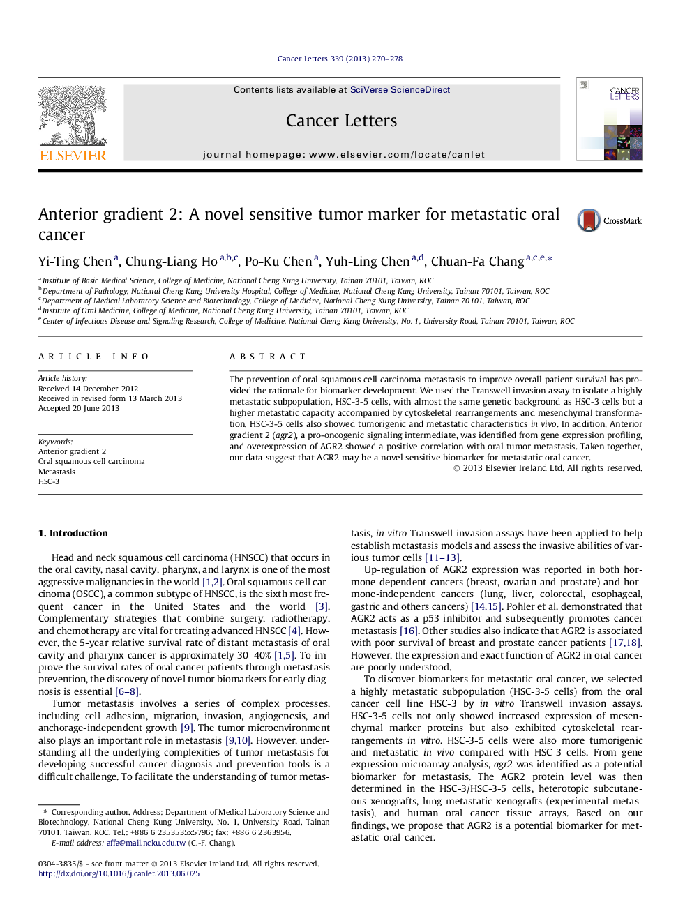 Anterior gradient 2: A novel sensitive tumor marker for metastatic oral cancer